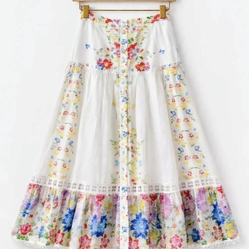 Charo Ruiz White Floral Garden Multi Colored Maxi/Midi Skirt, Cotton, NWT size M - Picture 4 of 15